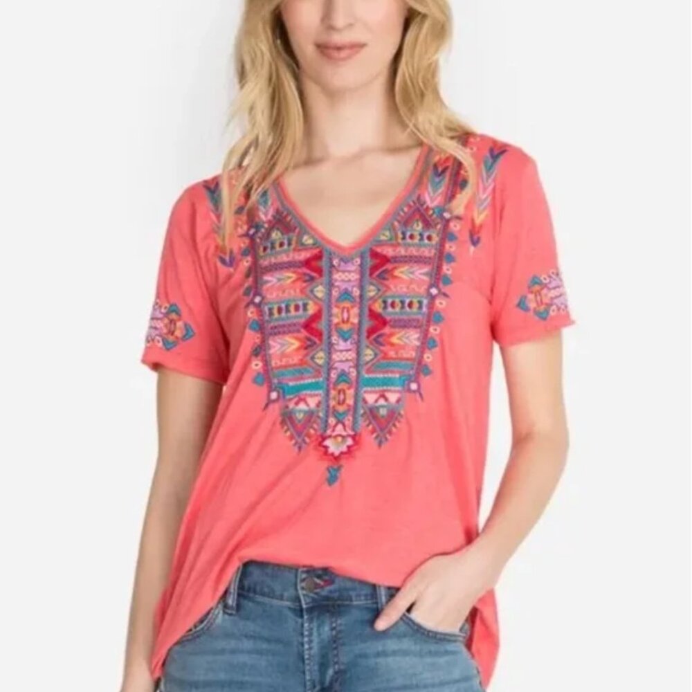 Johnny Was Top Floral Embroidered Laurelle Relaxed T-Shirt Boho Tee